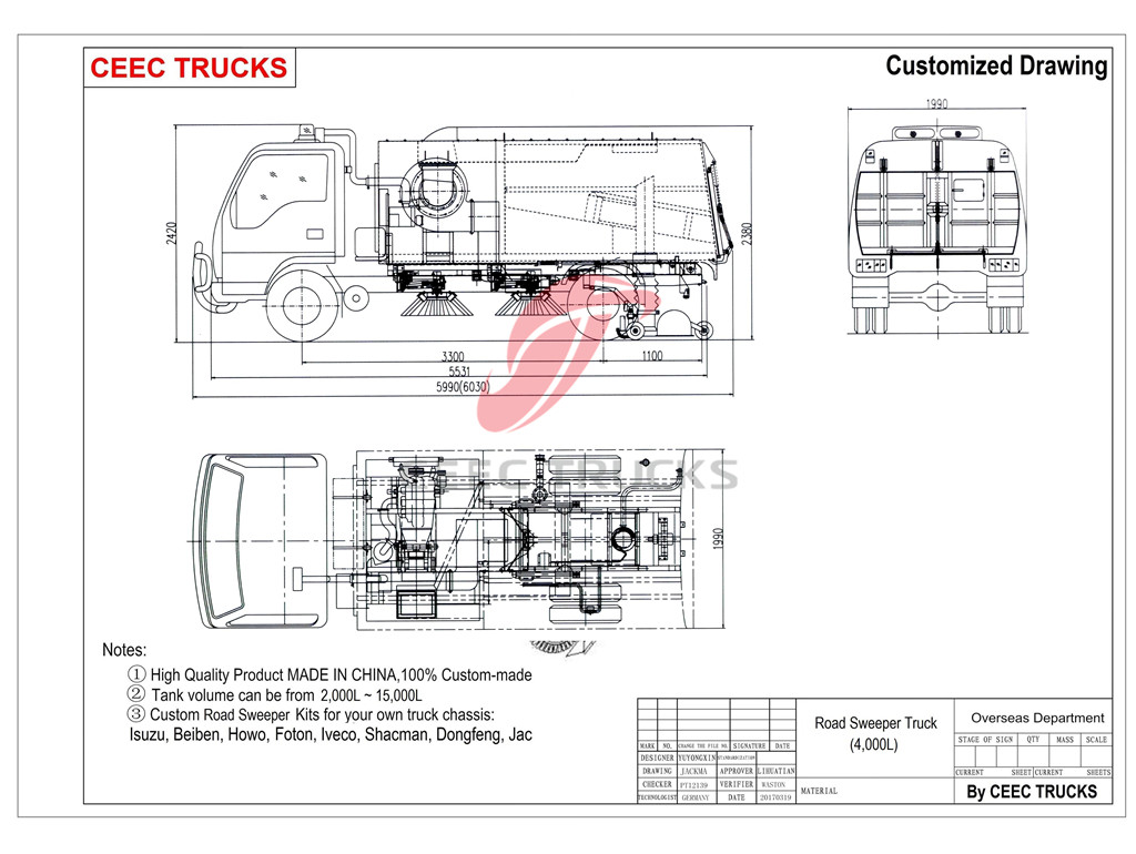 CEEC dongfeng 4cbm road sweeper truck drawing