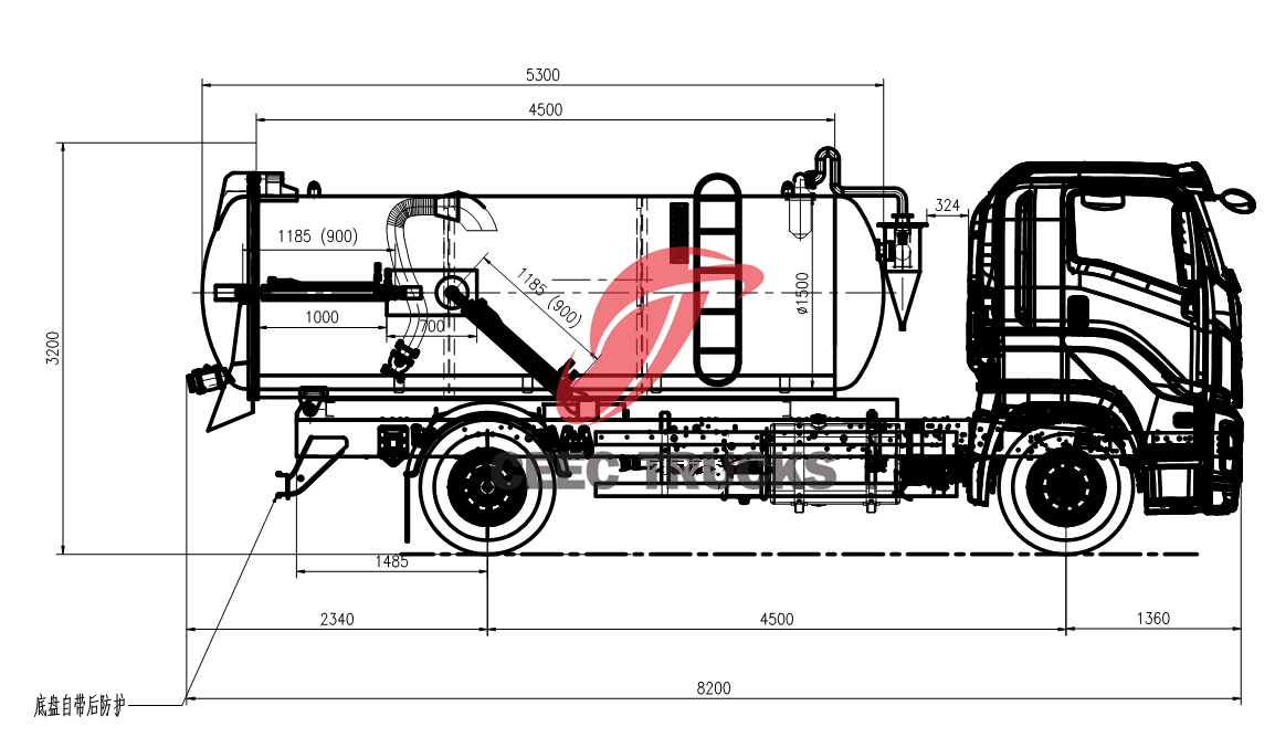 Technical drawing of Isuzu FVR 8cbm PM80A pump vacuum sewage suction truck